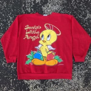 Vintage Tweety Bird Santa's Little Angel Christmas Sweater Looney Tunes Womens M